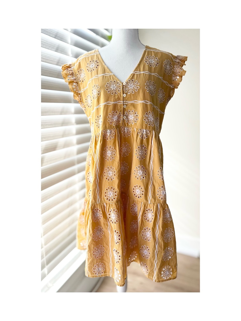 LOFT Mustard Yellow Eyelet V-Neck Dress